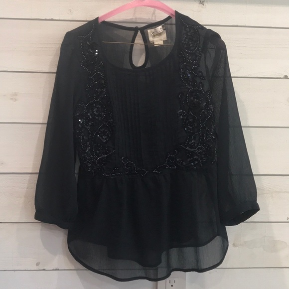 Anthropologie Maeve Navy chiffon beaded blouse- 4 - Picture 2 of 8